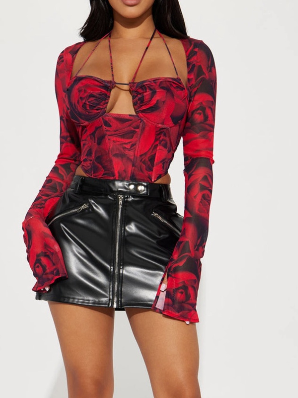 Fashion Nova Red Floral Mesh Corset Top